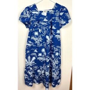 Ky's Vintage Hawaii Blue White Map Print Dress Muu Muu  Size L